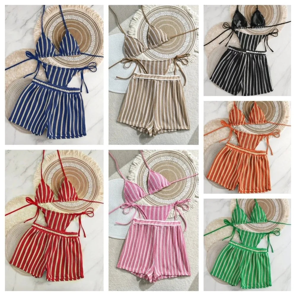 Fashion Stripes 3 in 1 Swimwear Set Lace Up Slim Fit Bikini Bathing Suit Deep-V Sleeveless Knitting Swimsuit Beach