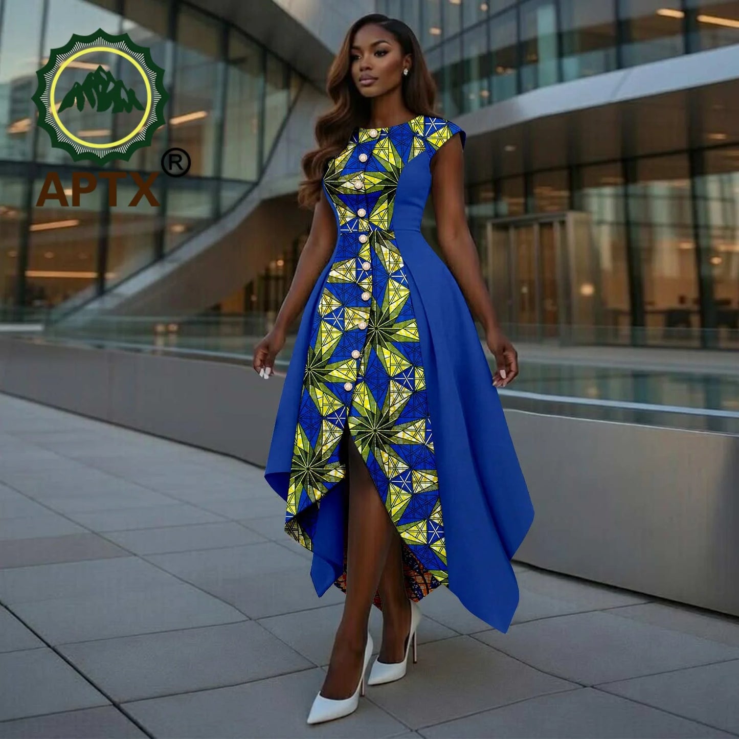 African Dress for Women Ankara Print O-Neck Short sleeve Ankle-Length Patchwork Asymmetrical Dress Dashiki Casual Party
