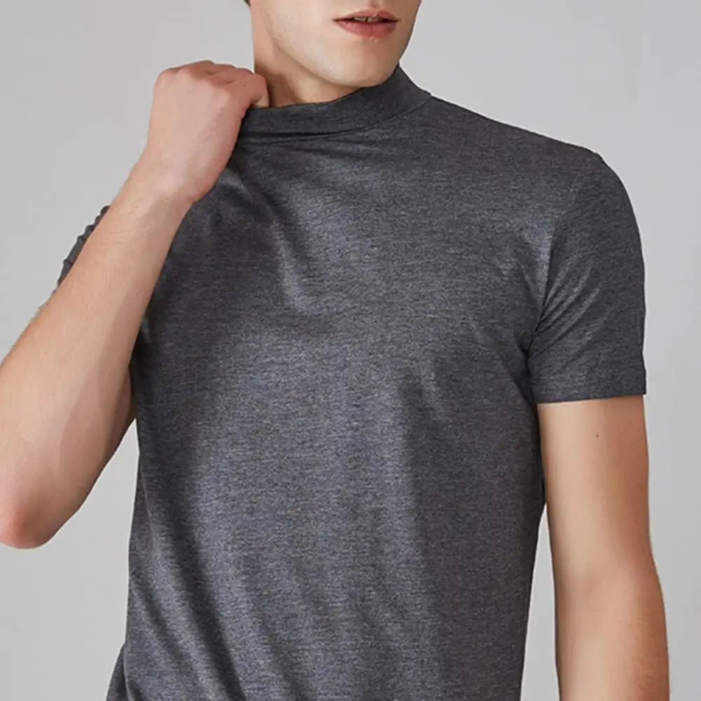 Summer Casual Short Sleeve T-shirt For Men Half High Collar Slim Fit T-shirt Solid Color Elastic Thin Pullover Tee Shirt