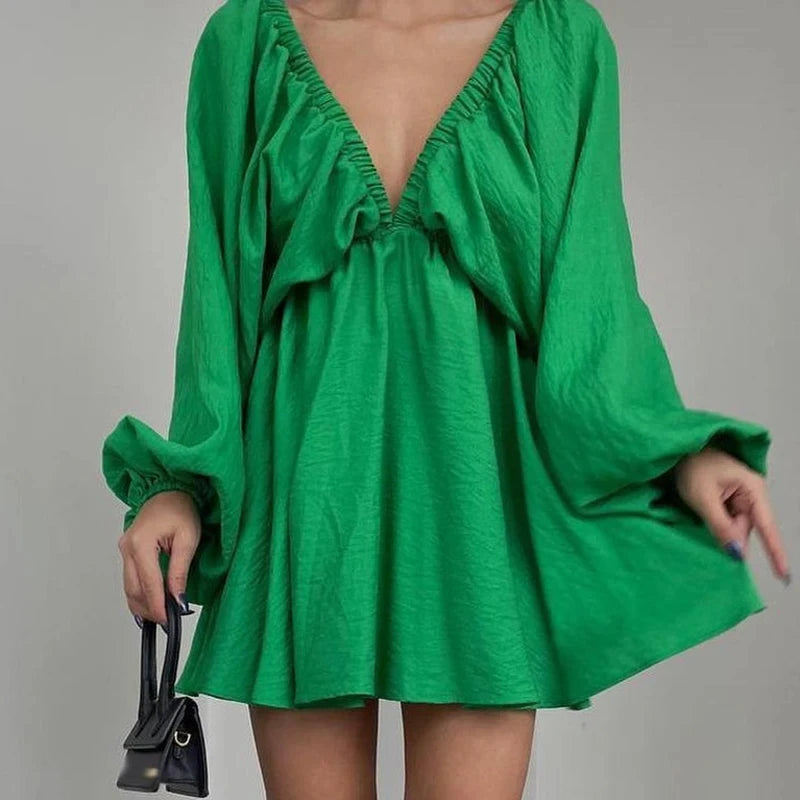 NHKDSASA Women Elegant Solid Loose Dress Summer Casual Long Sleeve Ruffle Dress Ladies Fashion V Neck A-line Party Dress Vestido