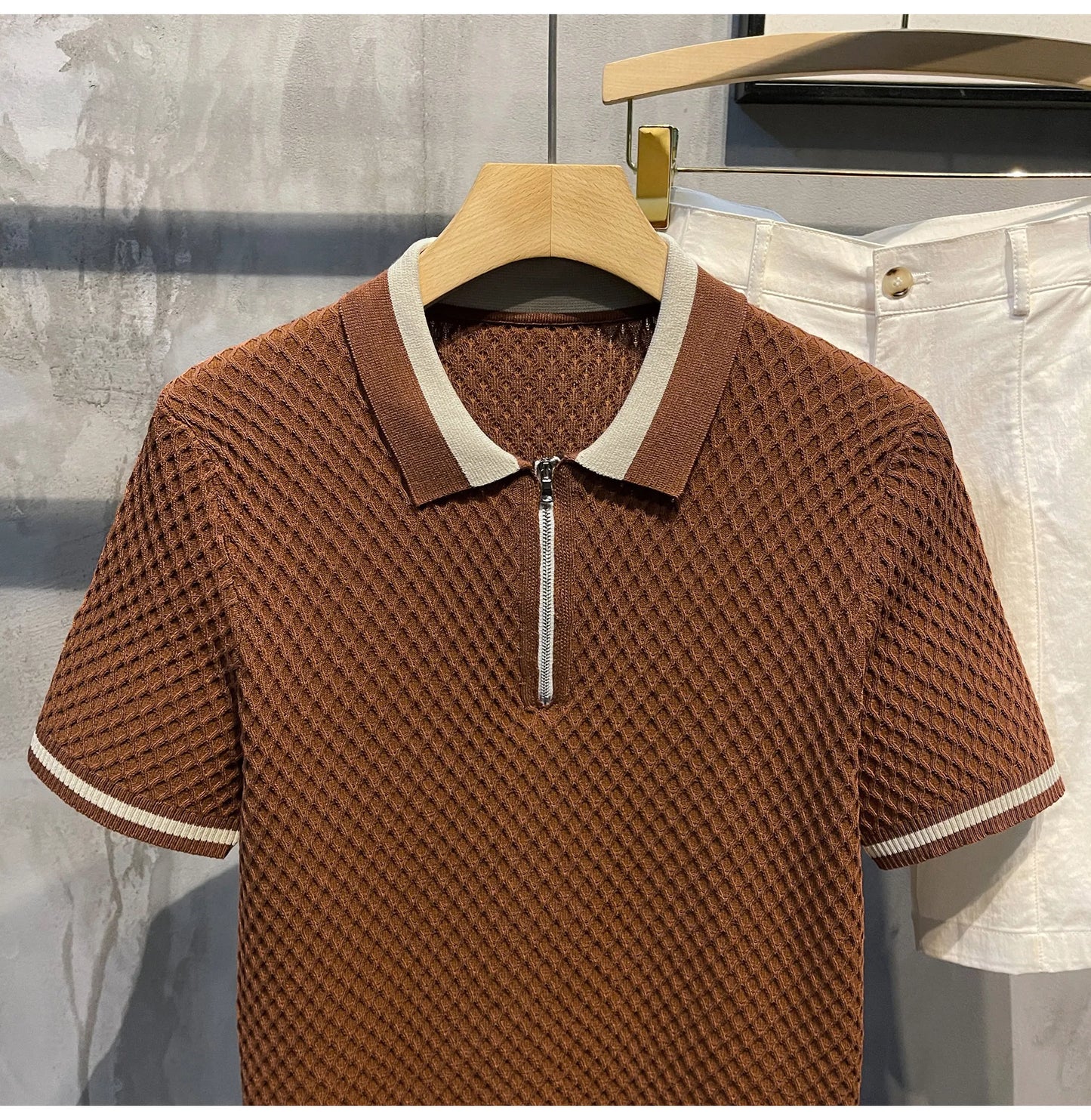 2026 Men's Casual V-Neck Knitted Jacquard Polo Shirt Solid Color Short Sleeve Solid Color Shirt Breathable Luxury Clothing B24