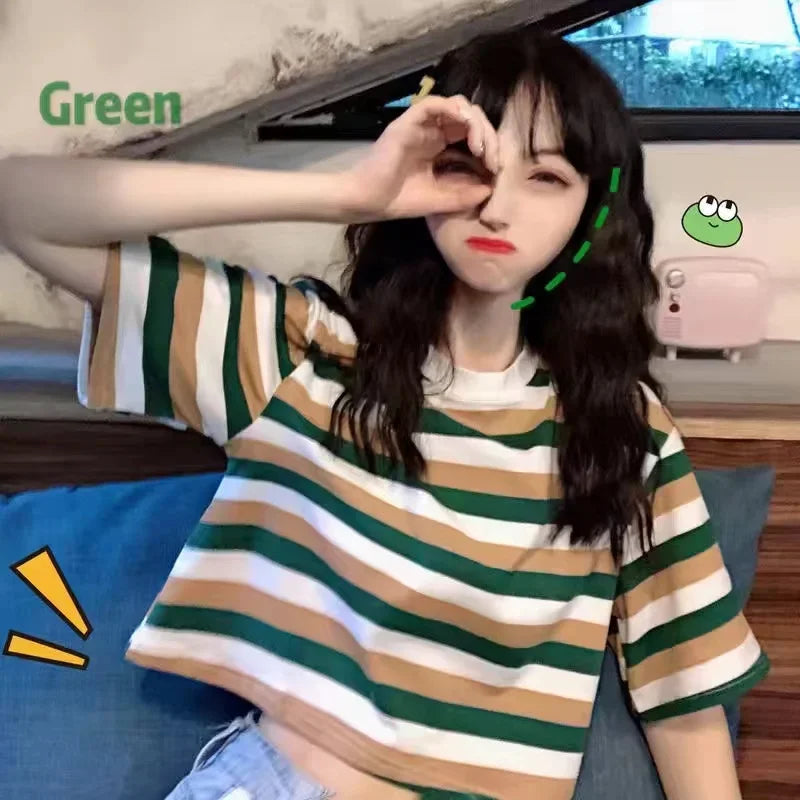 Black White Striped Cropped Top Women Summer New Korean Loose Short-sleeved T-shirt Fashion Egirl Letter Print Oversized Shirt