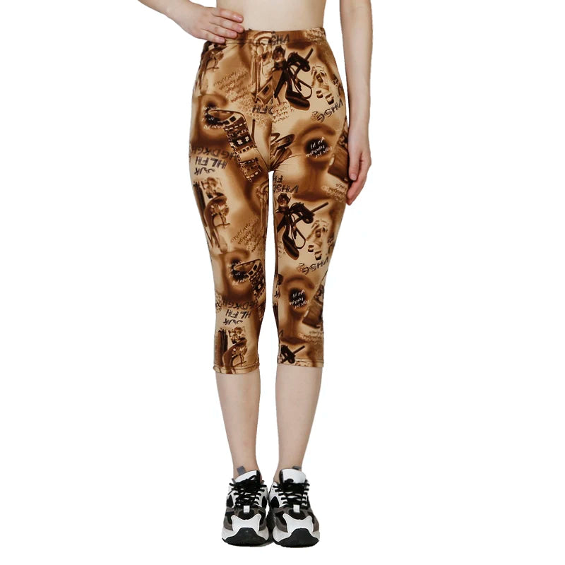 QR81 European and American Fashion Bottom Pants, Khaki High Heels, Letter Printed Cropped Pants, WOMEN'S Shorts, Fitness Pants