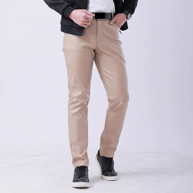 Men Leather Pants Skinny Fit Elasti Fashion PU Leather Trousers Motorcycle Pants Wet Look Stretch Faux Leather Streetwear