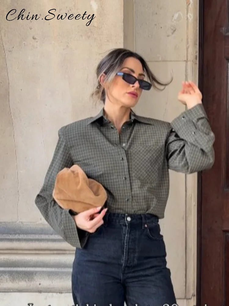 Casual Women's Green Plaid Shirts Loose Lapel Long Sleeve Single Breasted Pockets Female Shirt 2025 Autumn Lady All-match Tops