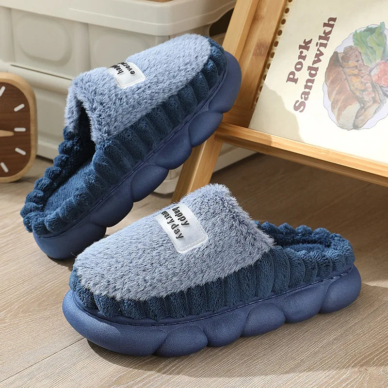 Man slippers home furry thick bottom slides designer winter warm velvet mens slippers blue cotton slipper males shoes