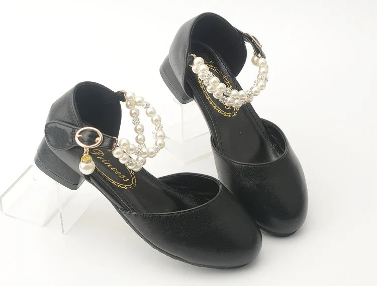 Pink Black White Party Wedding Shoes Children's High Heels Girl Shoe Elegan Pearl Princess Dress Girls Heel Shoes Child 2024 New