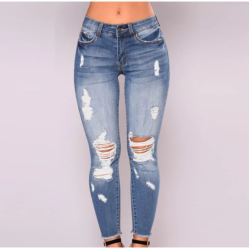Women Ripped Jeans Low Waist Skinny Denim With Zipper Pockets Blue Y2K Summer
