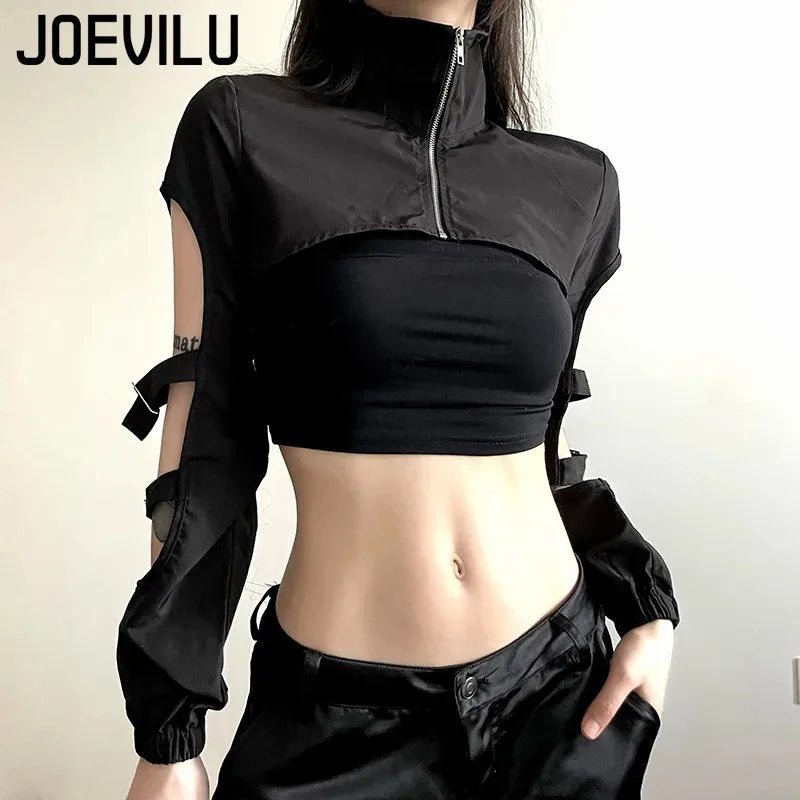 JOEVILU Women's Cyberpunk Goth Harajuku Crop Tops Long Sleeve Hollow Out Zipper T Shirt Y2K Grunge Streetwear Jacket for Dancing