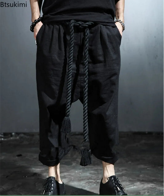 Men's Summer Black Linen Harem Pants Nightclub Stage Baggy Trousers With Rope Belt Mens Gothic Punk Hip Hop Joggers Street Wear