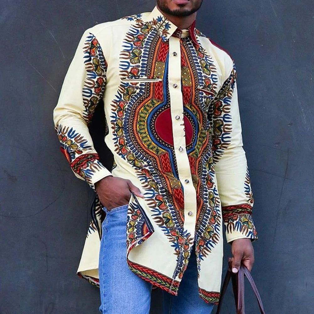 Ethnic Style African Tribal Men Shirts Round Neck Long Sleeve Business Casual Slim Blouses Comfy Traditional Long Tops Gentleman
