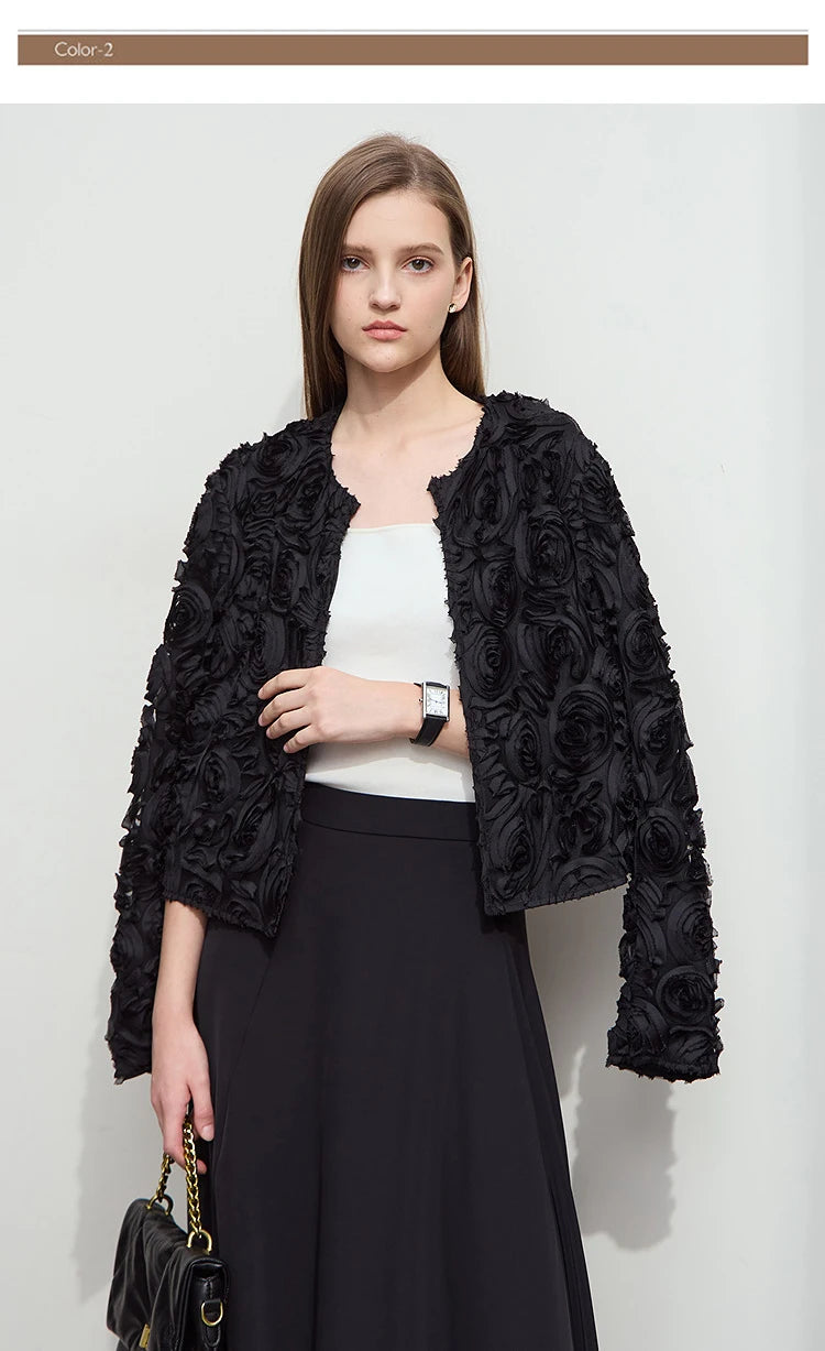 AMII Minimalism Short Jacket Women 2025 Autumn New Elegant Romantic Stereoscopic Flower O-Neck Hook Button Outwear Coat 12521066