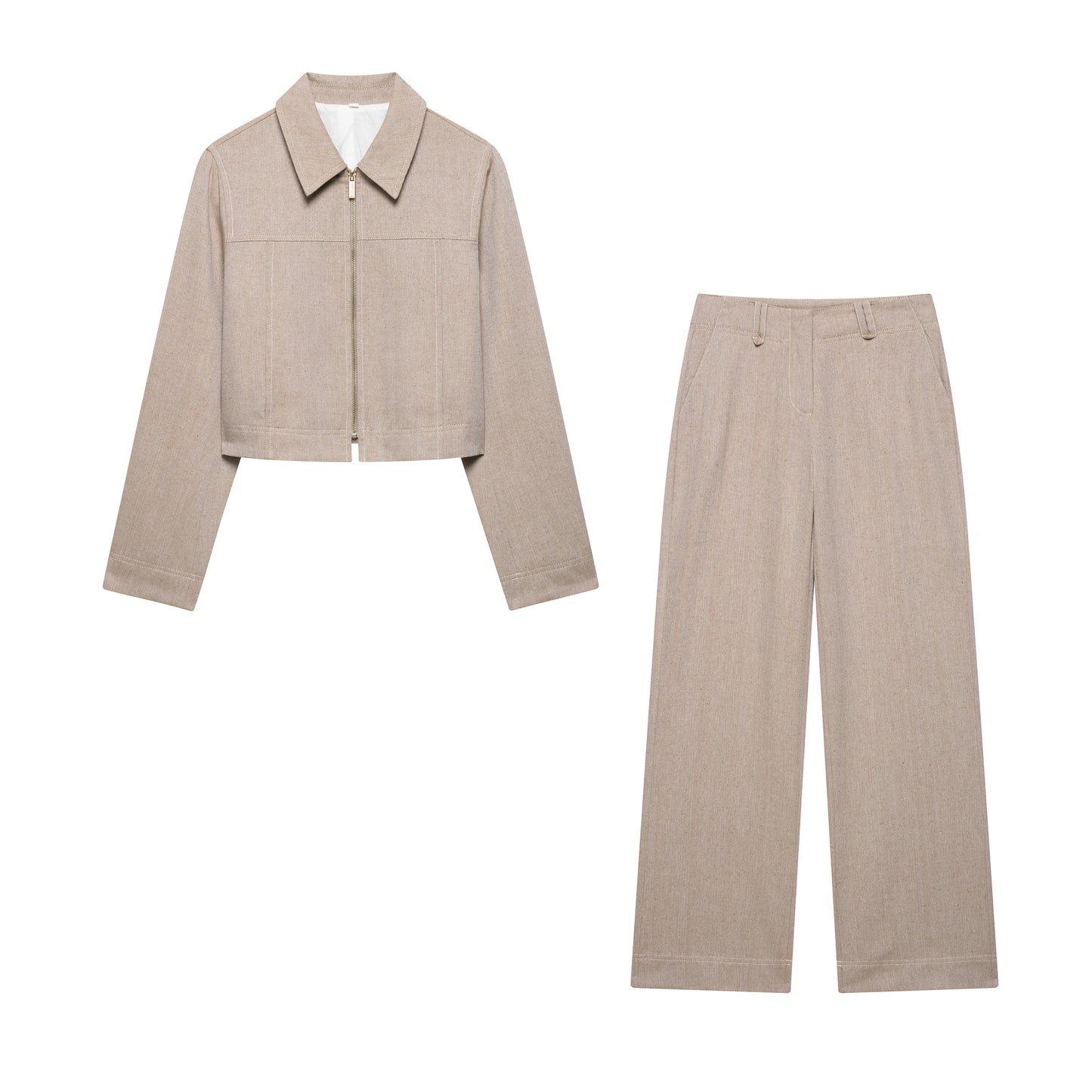 EDSA Women Khaki Herringbone Pants Set Cropped Jacket Long Sleeves Side Zip Low-rise Straight Leg Long Trousers Female Suits