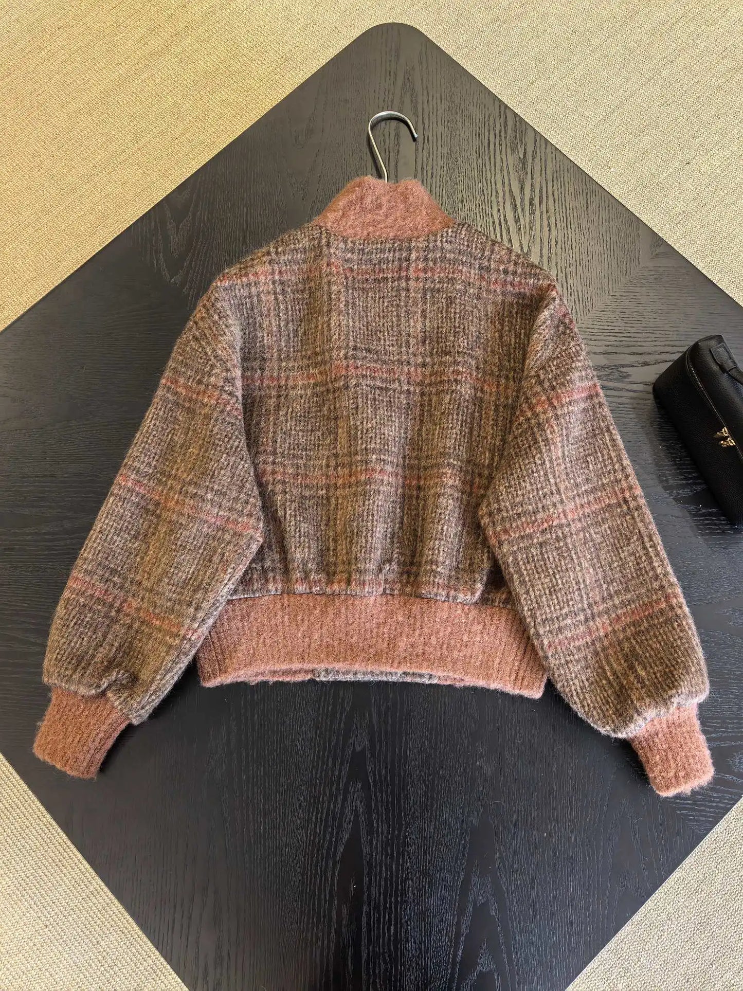 26 Spring New Arrival Women's Vintage Plaid Wool Blend Stand Collar Jacket