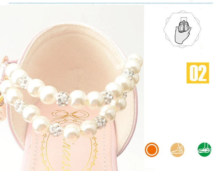 Pink Black White Party Wedding Shoes Children's High Heels Girl Shoe Elegan Pearl Princess Dress Girls Heel Shoes Child 2024 New