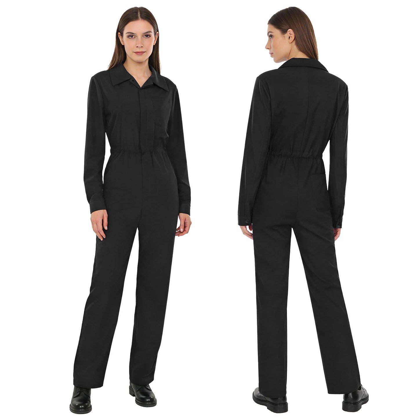 Womens Coverall Solid Color Turn-Down Collar Long Sleeve Button Jumpsuit Mechanic Work Overalls Fashion Casual Cargo Rompers