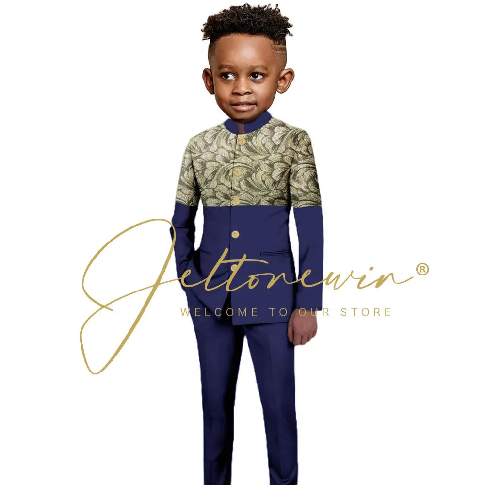 African Style Boys Suit Burgundy Gold Floral Jacket Pants 2 Piece Set Stand Collar Blazer Wedding Tuxedo Kids Formal Party Dress