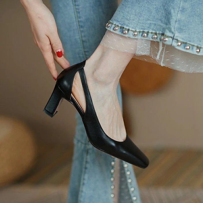 Office Ladies Summer Footwear High Heels Pumps On Heeled Square Toe Shoes For Women 2025 Fashion Leather Casual Slip A Vacation