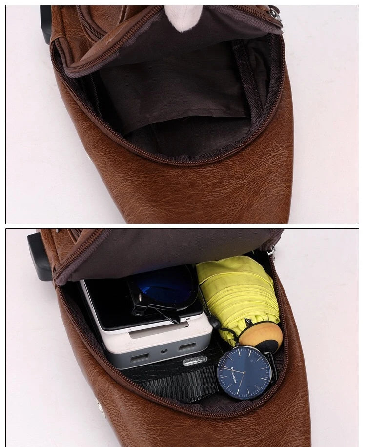 2024 Men's USB Chest Bag Designer Men Messenger Crossbody Package PU Leather Shoulder Bags Package Travel Chest Bag Bolso Hombre