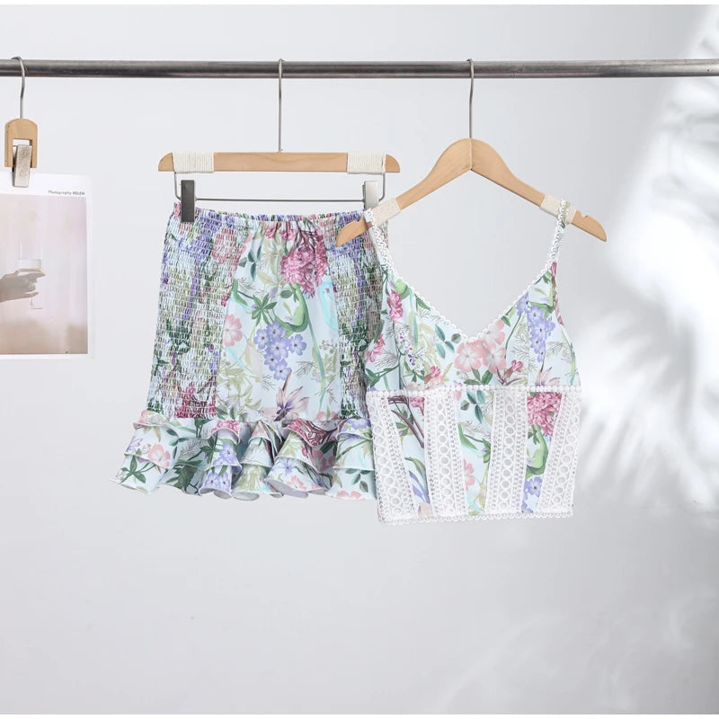 Floral Print Women Mini Skirt Set Lace Sleeveless Hollow Out Cami Shirred Waist Ruffle Hem Short Skirts 2026 Summer Chic Suit