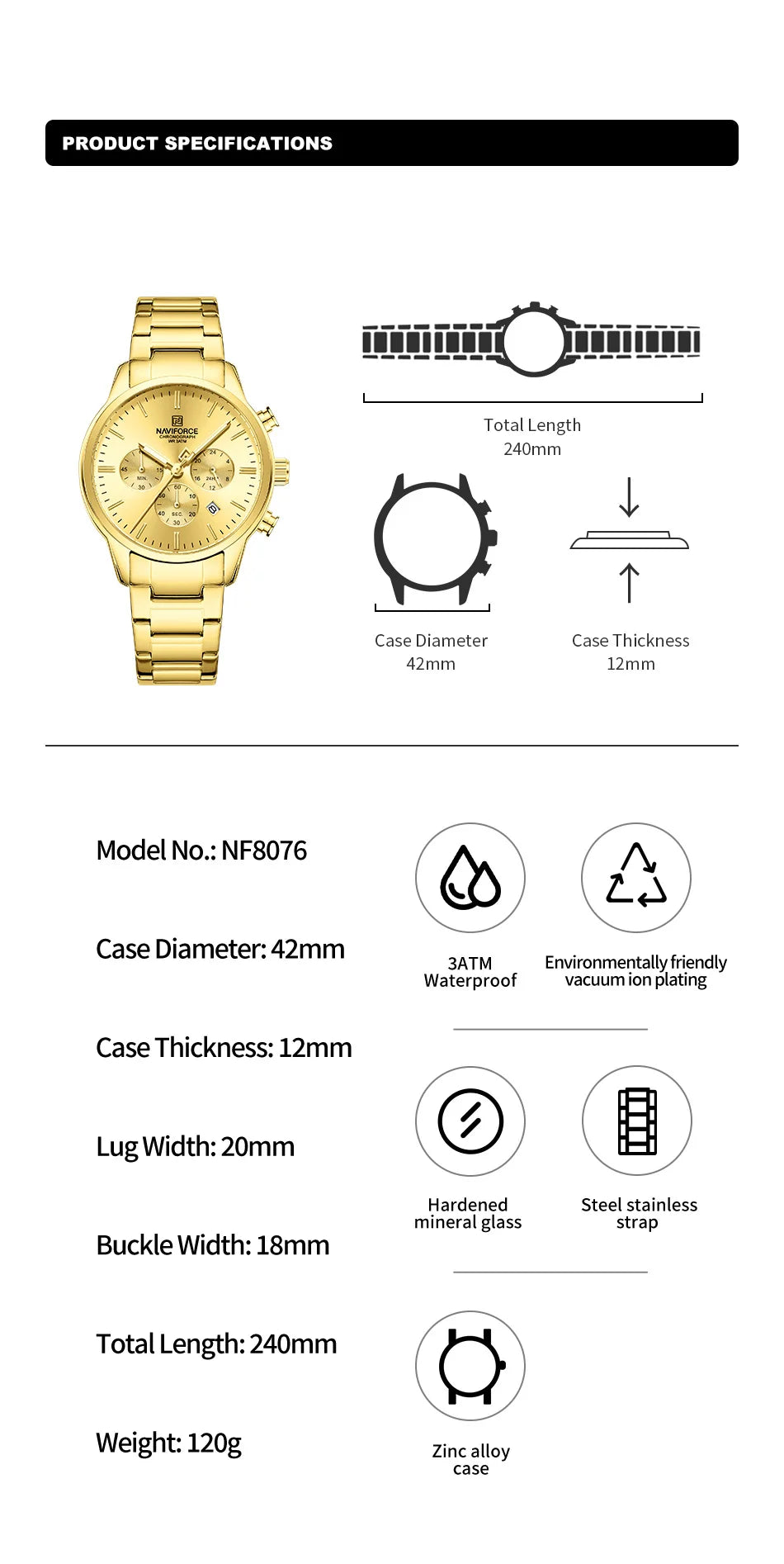 NAVIFORCE New Style Sporty 3ATM Waterproof Shockproof Stainless Strap  Man's Wristwatch Luxury Fashion Quartz Watches Men‘s Gift