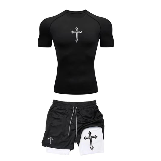Men's Summer 2-Piece Jogging Set Compression Tight T-Shirt & Fitness Shorts Breathable Gym Workout Tracksuit ZY00190