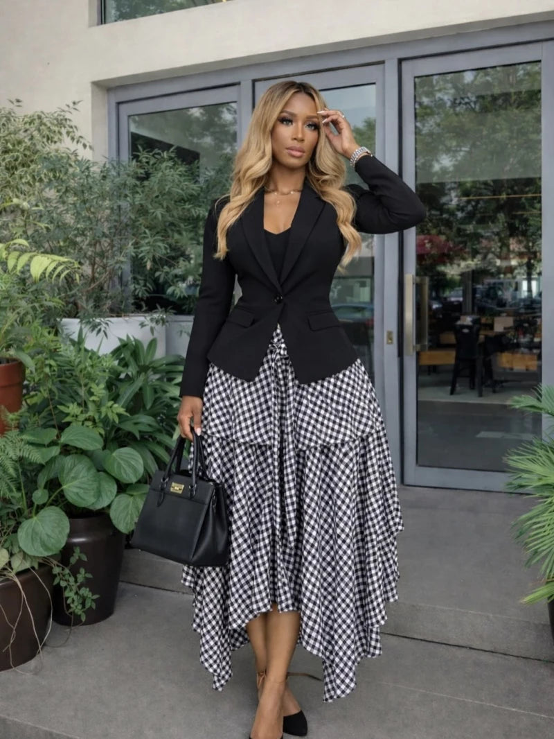 New African Fashion Sweet Checkered Print Skirt Women Summer Streetwear Irregular Patchwork High Waisted Skirt Female Bottoms