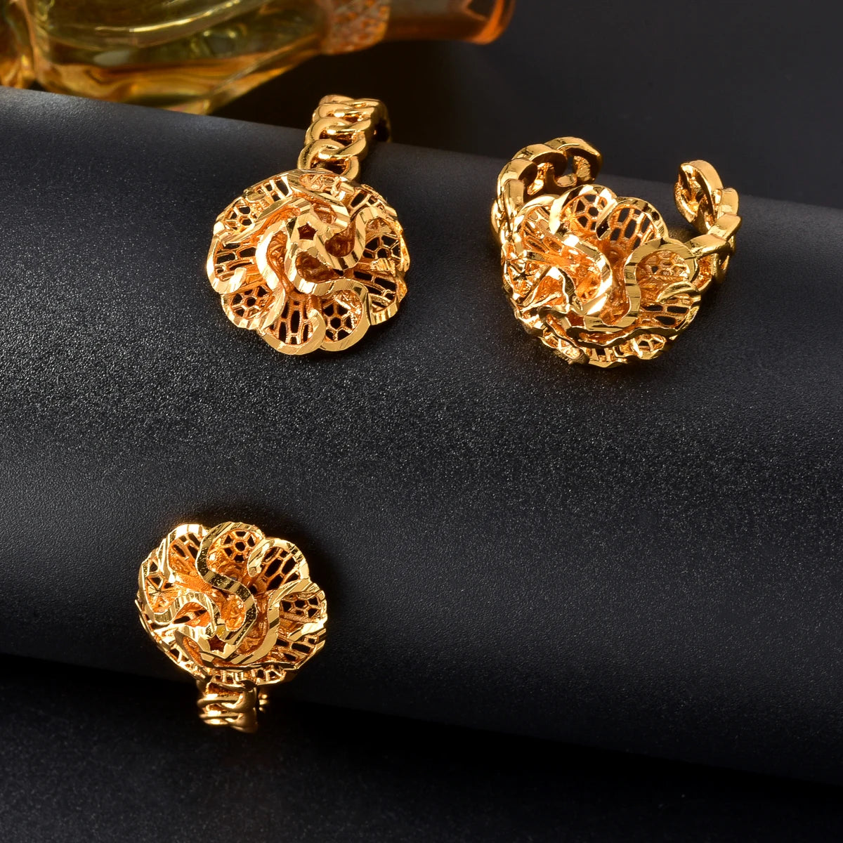 African Gold Plated Floral Cuff Bangle  Ring Set for Women Arabic Pattern Daily Jewelry Gift