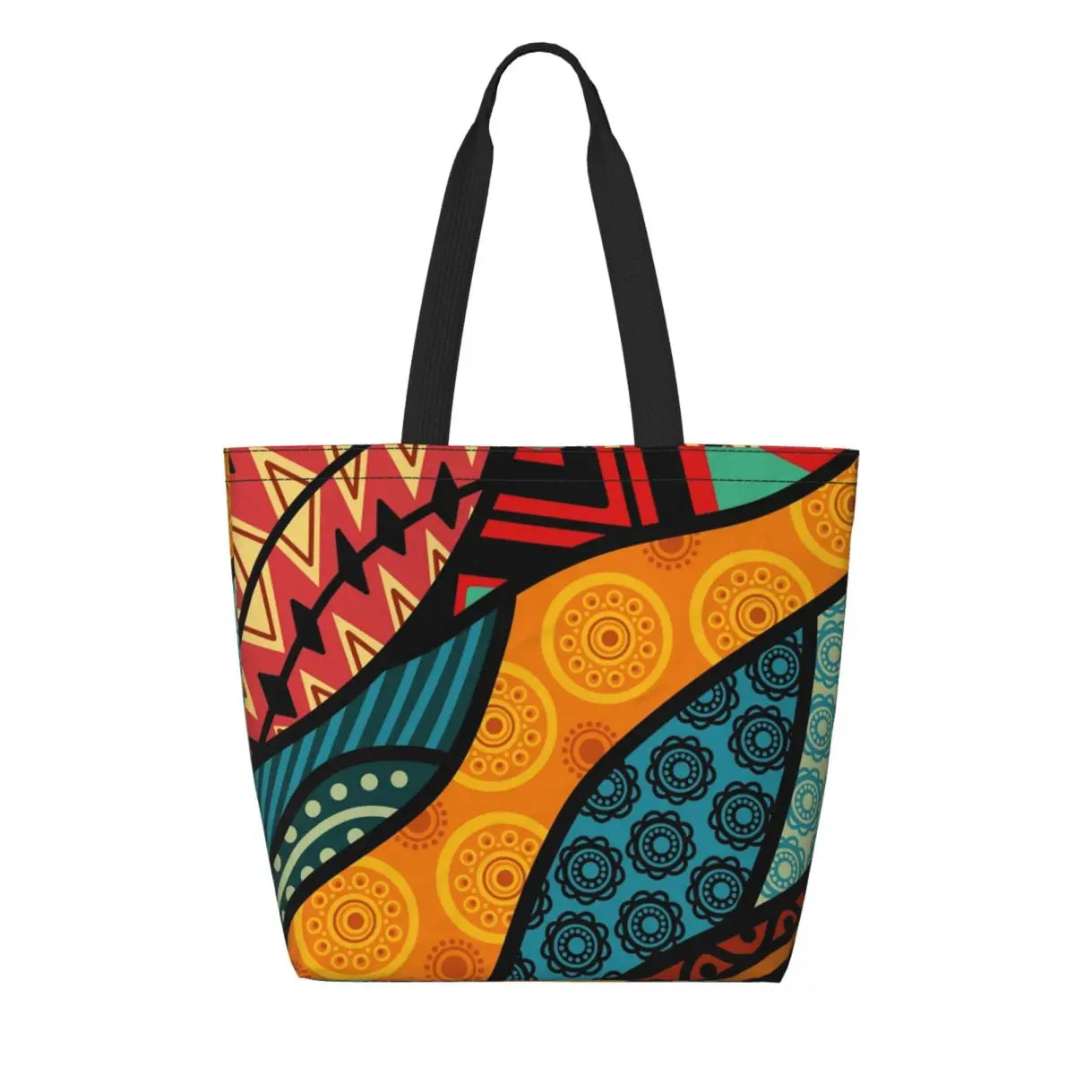 African Ankara Prints Grocery Shopping Tote Bags Women Geometric Ethnic Art Canvas Shoulder Shopper Bags Big Capacity Handbag