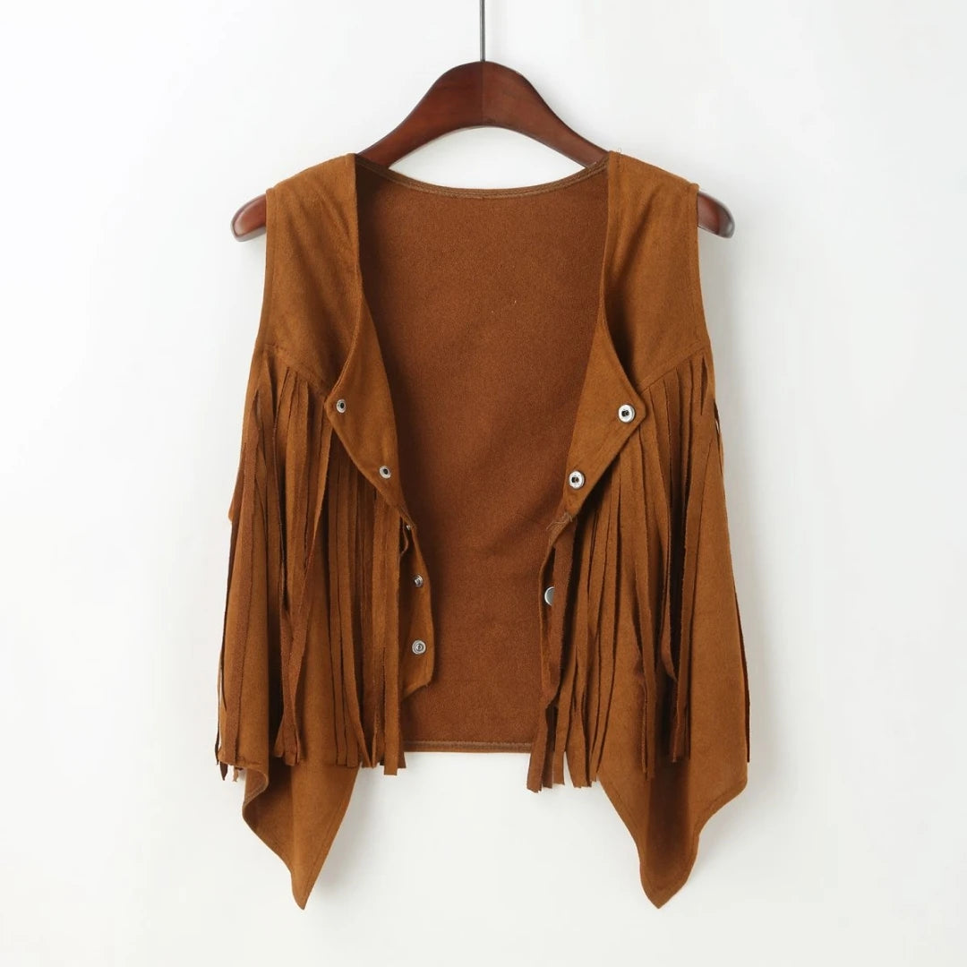 Women Faux Suede Ethnic Sleeveless For Jacket Rivet Fringe Tassels Hippie Open Front Cardigan Vintage Cowgirl Waistcoat Vest