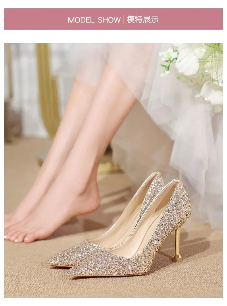 2025 New Women Pumps High Heel Metal Pointed Toe Shallow Sexy Ladies Bling Bridal Wedding Women Shoes White High Heels