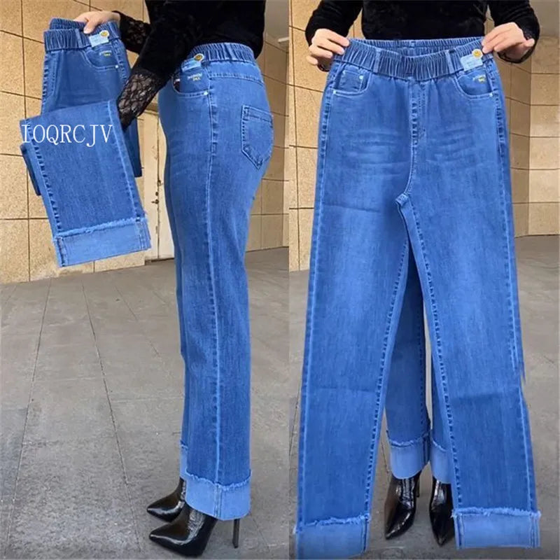 Plus Size Middle Aged Womens Jeans Elastic Waist High Waist Loose Denim Pants