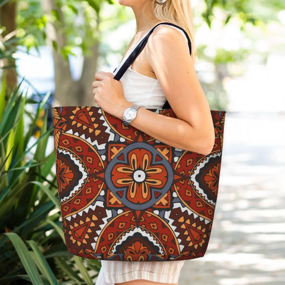 African Ankara Prints Grocery Shopping Tote Bags Women Geometric Ethnic Art Canvas Shoulder Shopper Bags Big Capacity Handbag