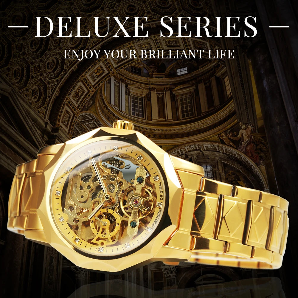 Forsining Fashion Tourbillon Skeleton Automatic Mechanical Watch for Men Luminous Hands Iced Out Watches Stainless Steel Strap