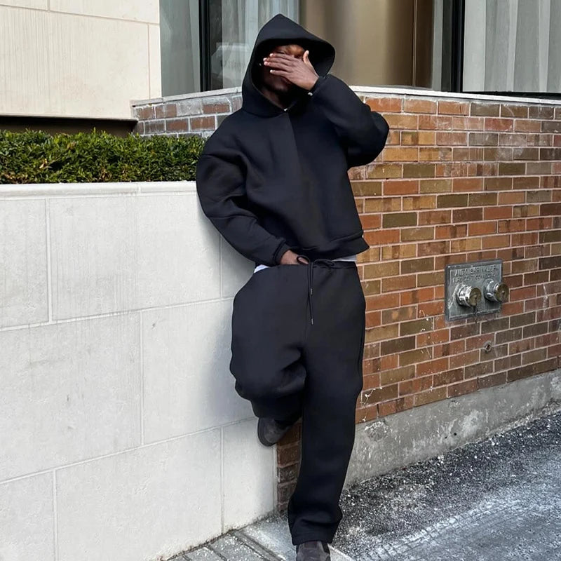 Men's Casual Solid Hooded Pullover Straight Pants 2 Piece Set Tracksuit For Fashion Loose Hoodies Sweatshirt Wide Leg Sweatpants