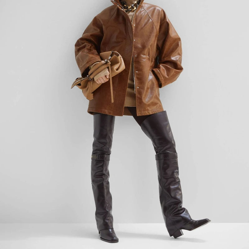 Elegant Temperament of European and American Women, Thick High Heels, Skirt Hem, Knee High Boots, Oversized Retro Knight Boots