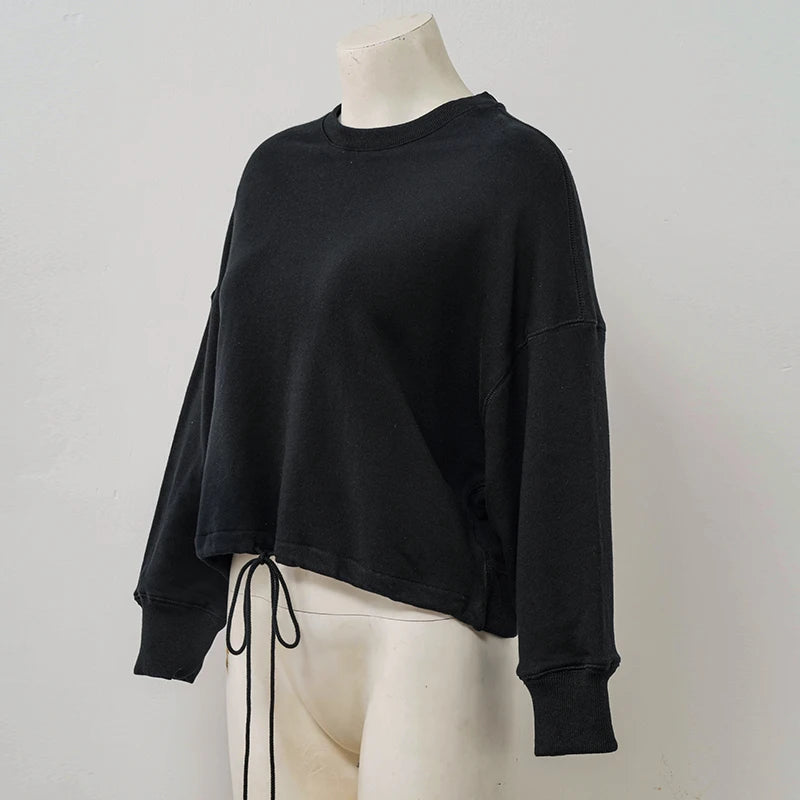 100% Cotton Women's Drawstring Sweatshirt Autumn New Casual Solid Long Sleeved Korean Fashion Streetwear Female Pullover