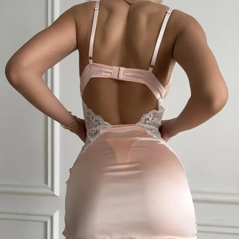 Sexy Deep V Neck Satin Dress Women Sexy Lingerie Lace Patchwork Split Sissy Night Dress Slip Dress Silk Nightwear Платье Женское