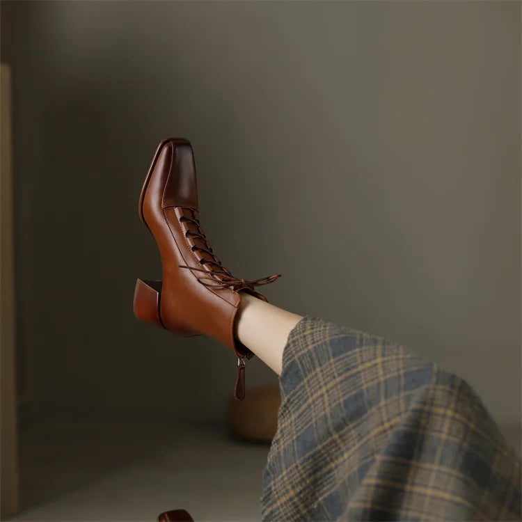 2026 Fashion Women Shoes Split Leather Short Boots Square Toe Chunky Boots Winter Shoes Women Solid High Heel Boots for Women