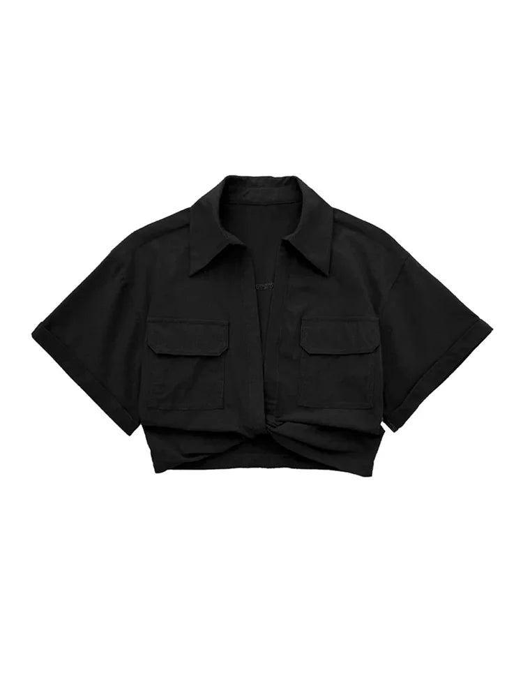 Women Fashion Front Knot Elastic Linen Cropped Shirts Vintage Short Sleeve Patch Pockets Female Blouses Blusa Chic Tops
