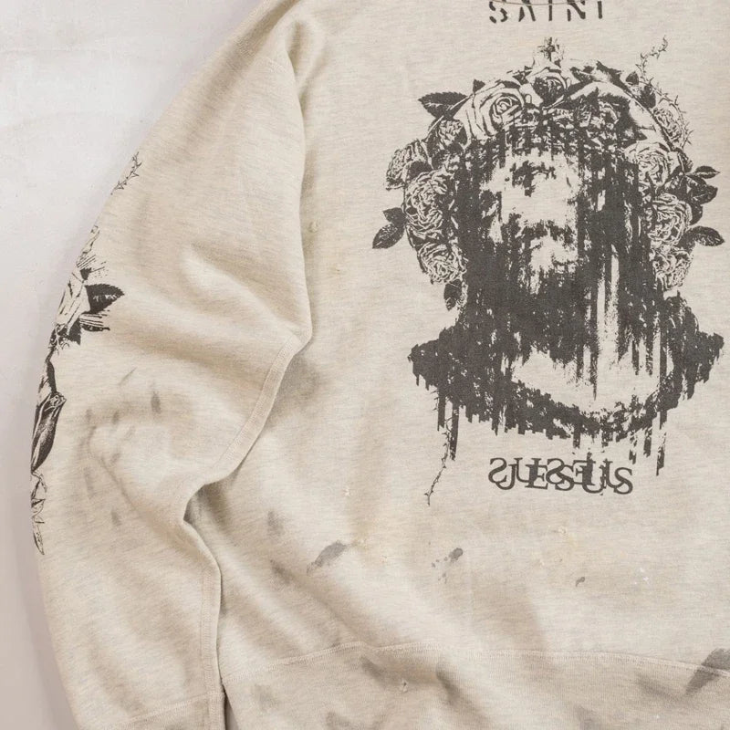 Real Photo Portrait Graffiti Print Saint Hoodie Wash Do Old Destroy Loose Pullover Casual Women Men Sweatshirt
