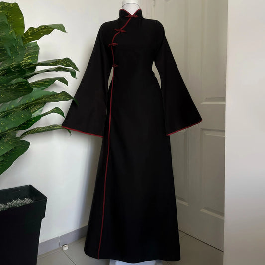 2026 New KT Women's Black Qipao Style Maxi Dress, Red Trim Frog Buttons, Flared Sleeve Modest Abaya