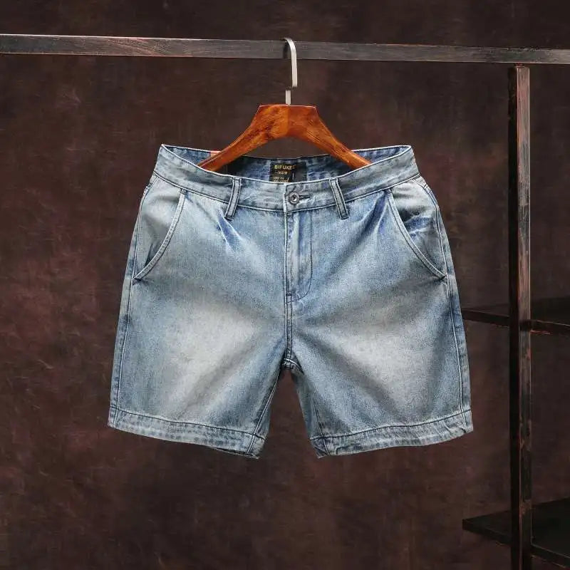 Men's Short Jeans Pants Skinny Retro Blue Male Denim Shorts New in Stretchable Wih Zipper Stretch Vintage Harajuku Rude Cowboy