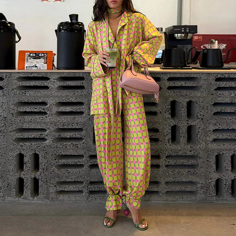 Casual Plaid Women's Blazer Pant Suits Scarf Collar Long Sleeve Button Shirt Pleated Wide Leg Trousers 2026 Summer Female Set
