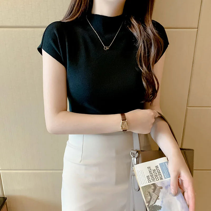 2026 Women Summer Knitted Turtleneck Sleeveless T-Shirts Tops Solid Slim Fit Pullovers Causal Tees Female Streetwear Basics Tees