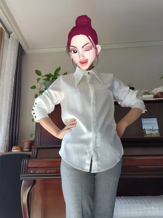 Stylish Elegant Turn Down Collar White Long Sleeve Satin Shirts Fashion Woman Vintage Blouse 2024 Office Lady Tops Blusas 16946