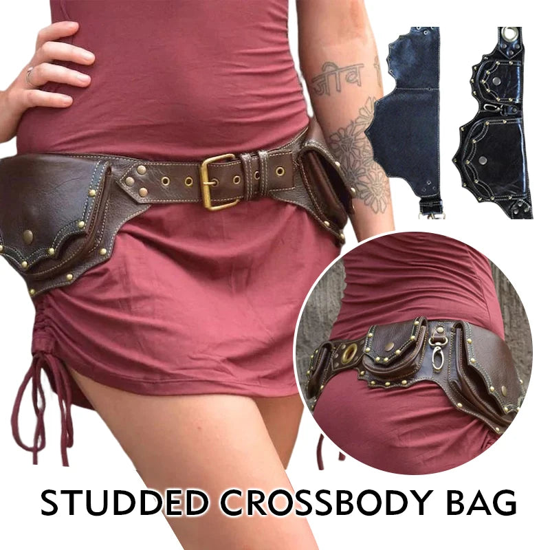 Women's Waist Bag Medieval Steampunk Pu Leather Belt Bag Retro Cosplay Costume Props Rivet Mountain Climbing Outdoor Sports Bag