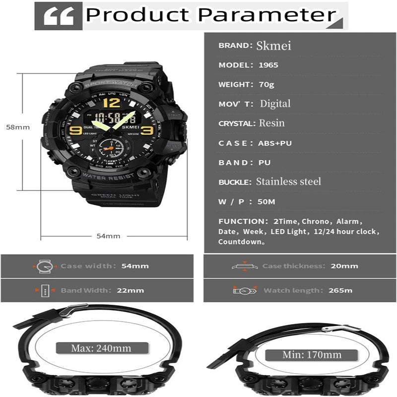 Skmei Men's Military Sport's Wristwatch Fashion Big Size Dial Quartz Analog Three Time Zone Male Led Waterproof Stop Watches