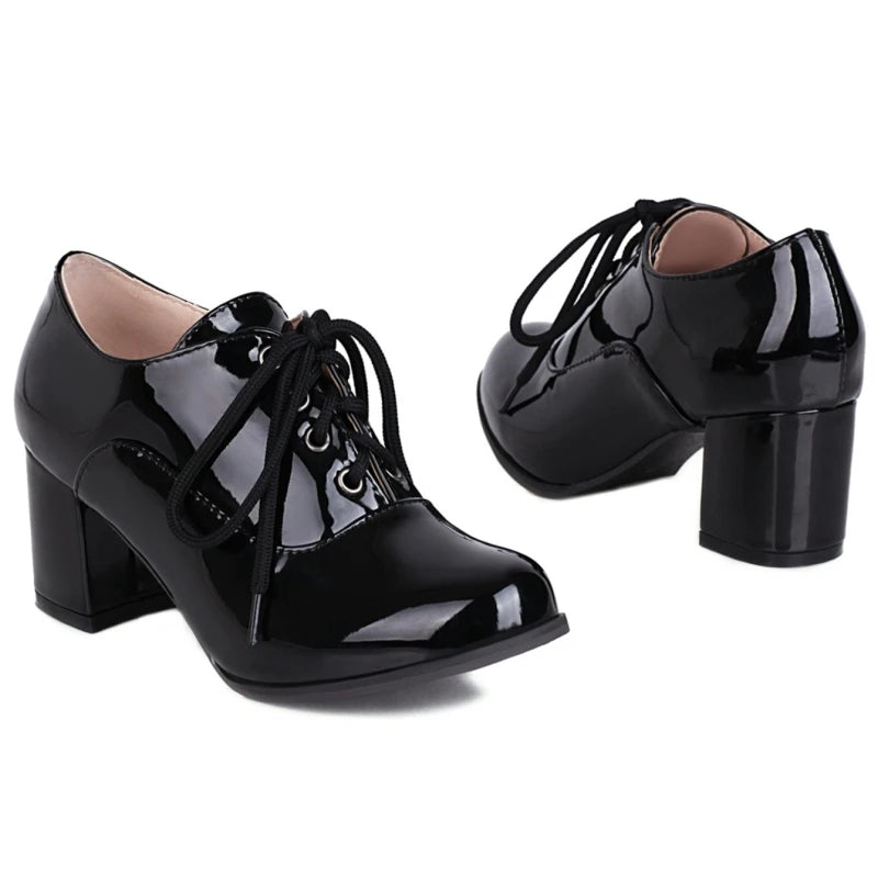 Women's Purple High Heels Loafer Shoes Fashion Lace-up Black White Block Heeled Party Wedding Office Shoes Female Big Size 45