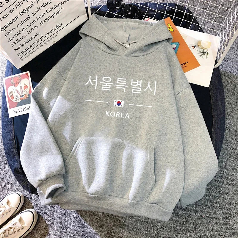 Seoul Korea Print Hoodie Woman High Quality Hoode Long Sleeve Pullover Fall Winter Female Daily Casual Sport Loose Sweatshirt